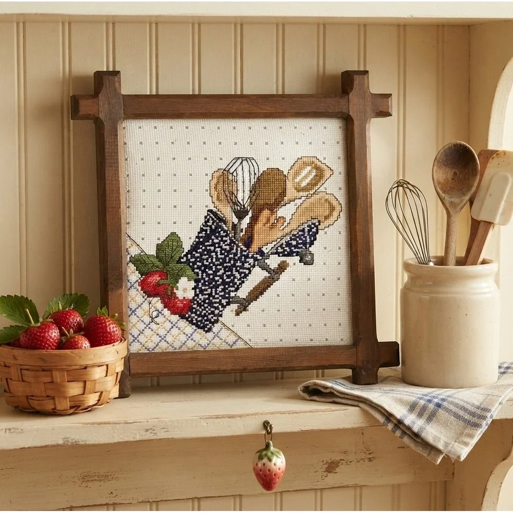 Vintage Framed Cross Stitch Kitchen Wall Art Strawberries Wooden Spoons 10x10